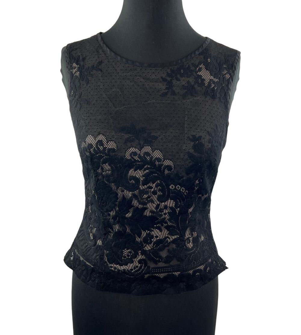 Vintage RUMOURS Black Lace Overlay Sleeveless Round Neck Elegant Top Blouse S?